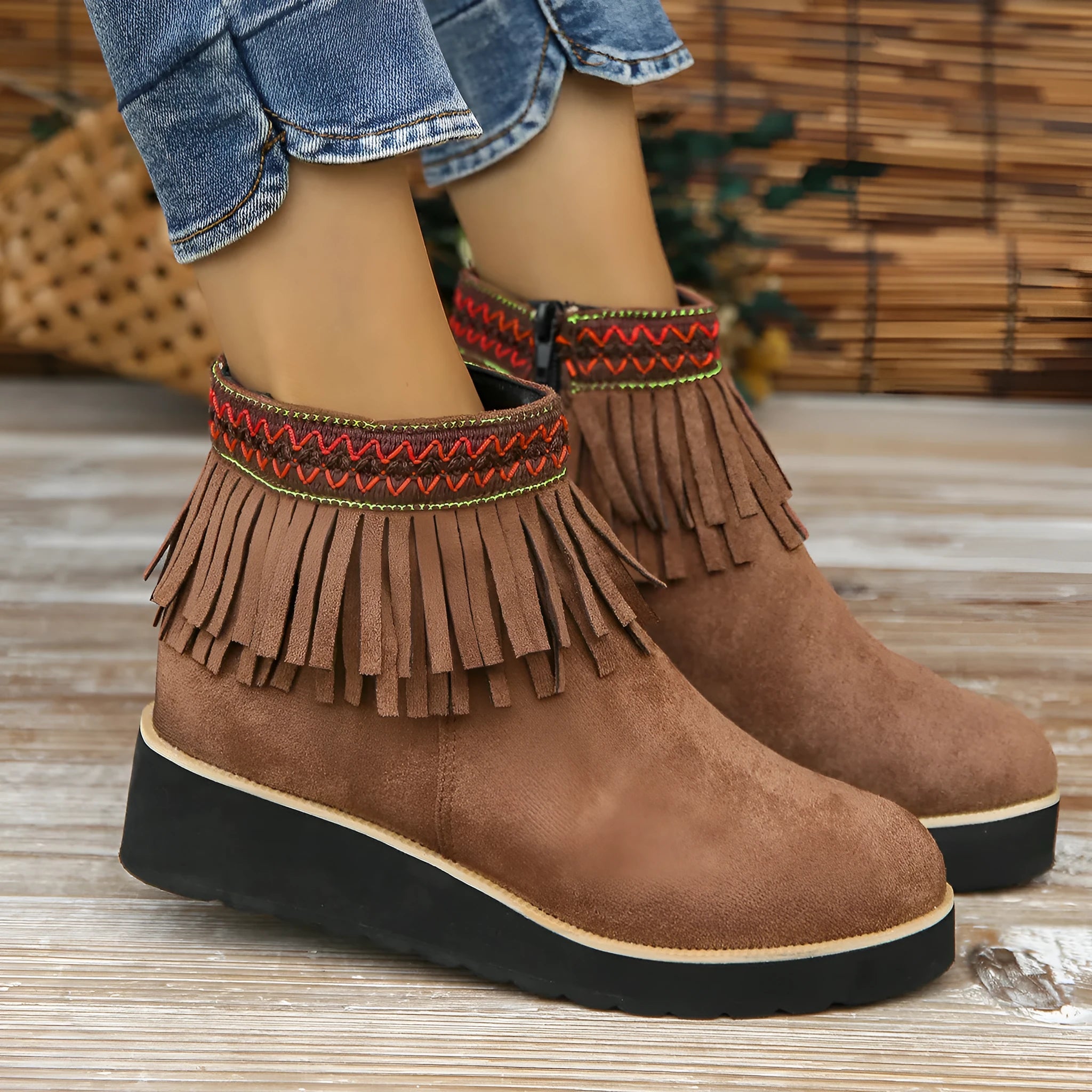 Women's suede wedge ankle boots with side zip and waterproof platform in three colour options