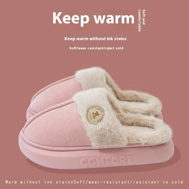 Plush fleece indoor slippers with thick PVC soles in various colours