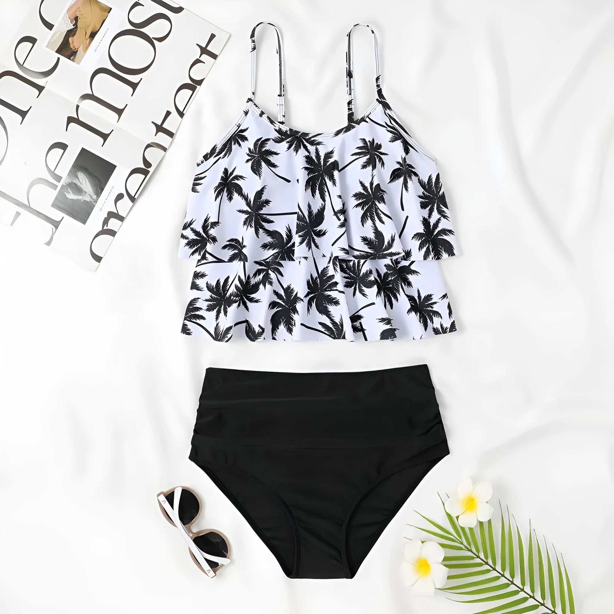 Women's high waist double-layer swimsuit bikini set in black and coconut tree print colours