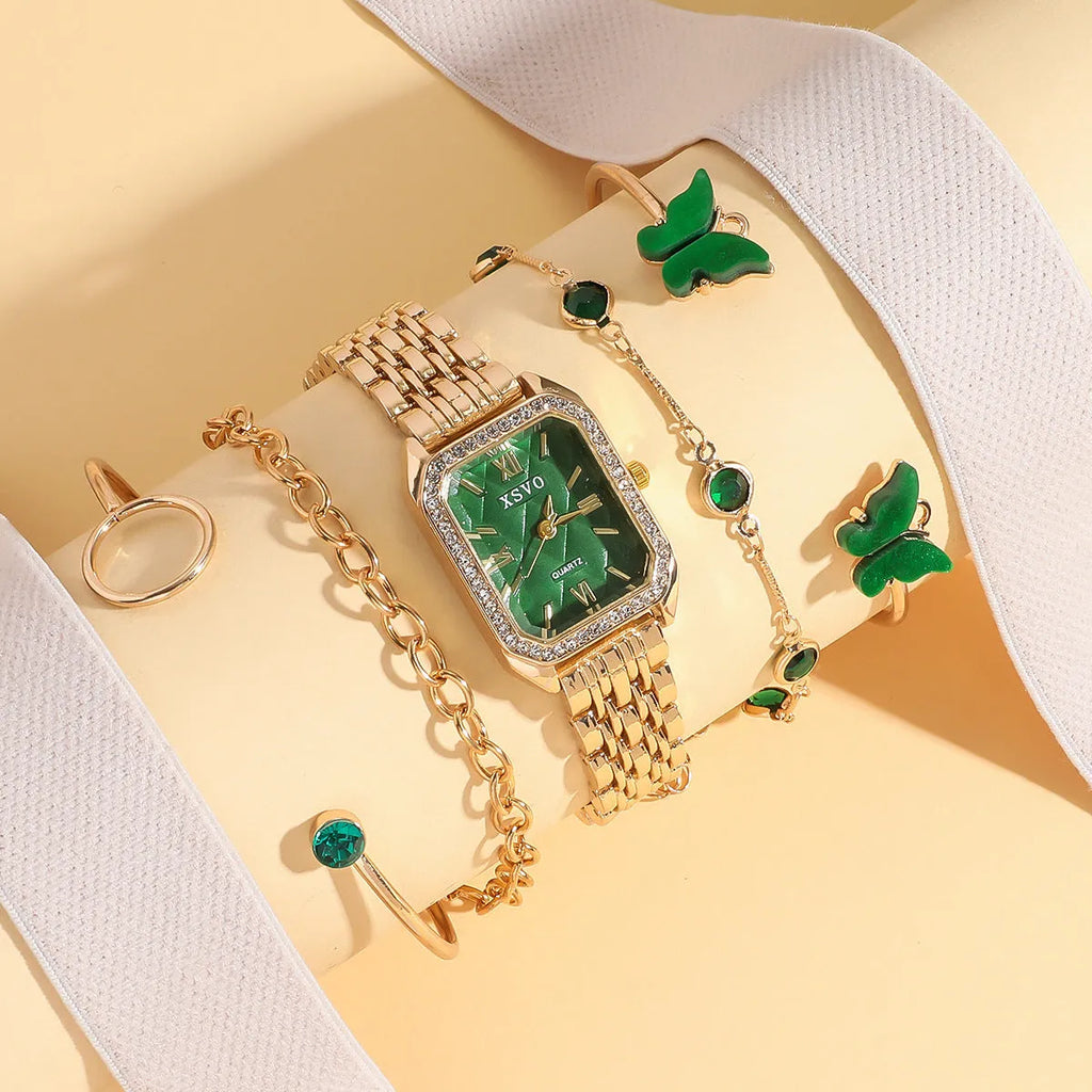 Gold green square women's watch with four matching bracelets on a white background.