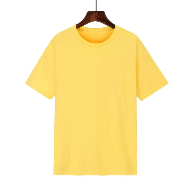 Men's loose fit black cotton t-shirt with short sleeves on a hanger.