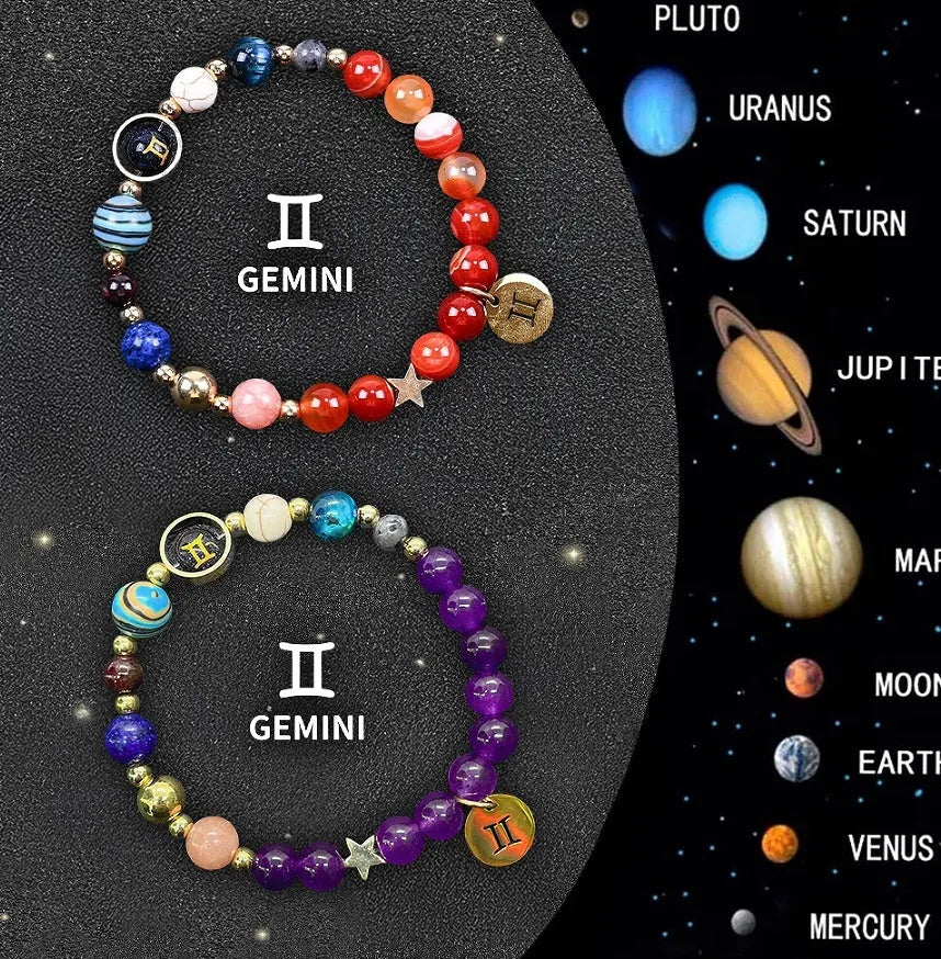 Two natural stone beaded bracelets for zodiac signs on a neutral background.