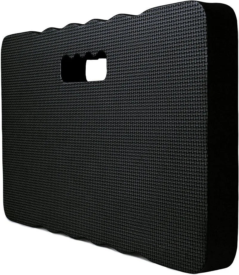 Blue plastic Eva foam garden kneeler pad on soil, showing dimensions for comfortable kneeling support.