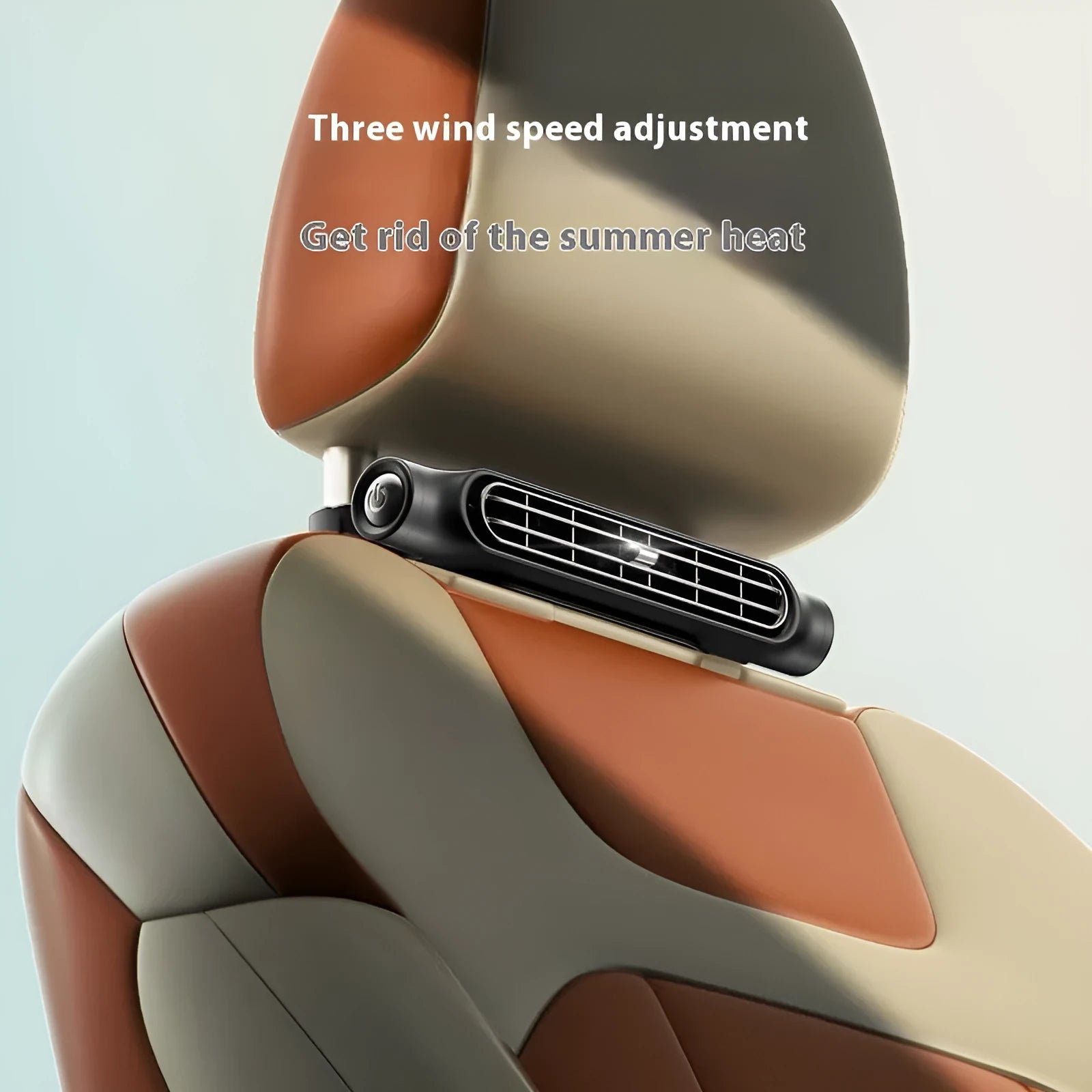 USB car seat fan with no blades, showing Velcro strap and control button, in beige colour.