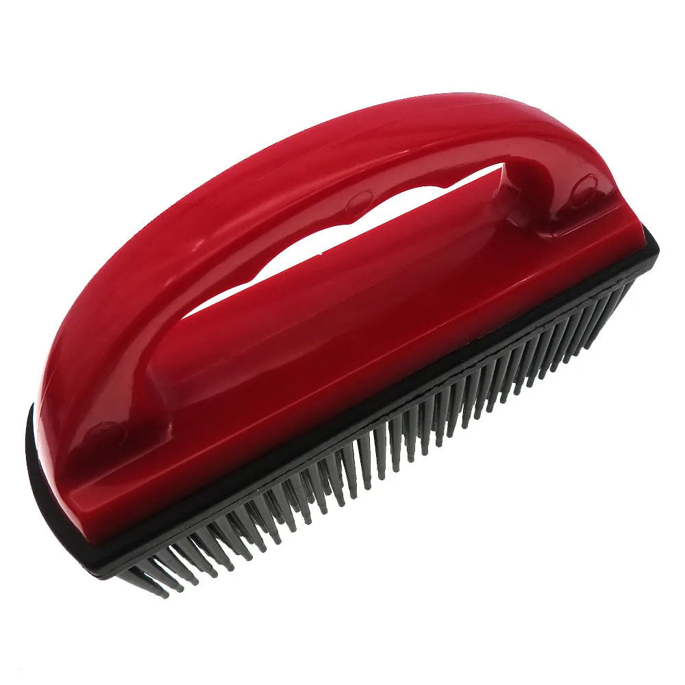 Red pet hair removal massage brush measuring 160x85mm for bath grooming and carpet cleaning