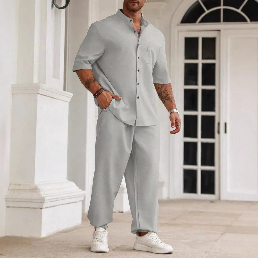Men's apricot cotton linen casual short sleeve shirt and long trousers set on a hanger