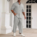 Men's apricot cotton linen casual short sleeve shirt and long trousers set on a hanger