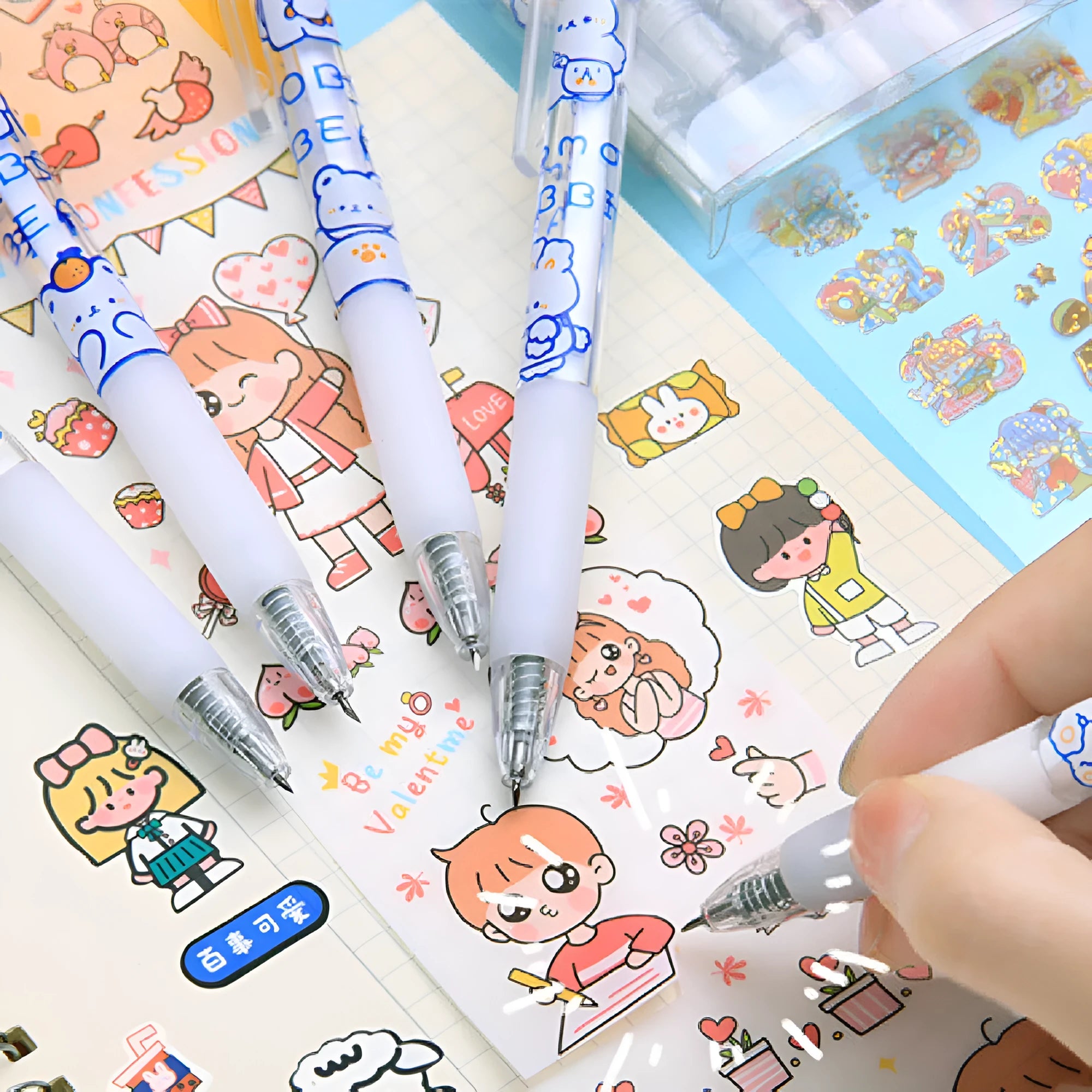 Set of six cute bear and rabbit character design retractable pen knives with ballpoint pens.
