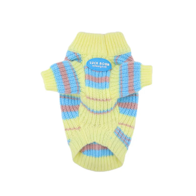 Blue and yellow stripe dog sweater for small breeds in wool material