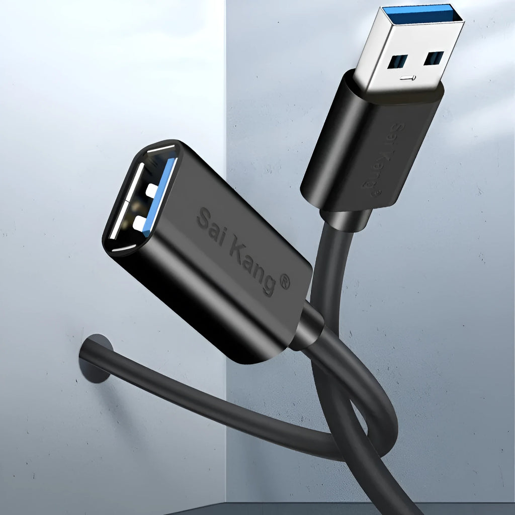 Black USB male to female extension cable showing connectors, available in multiple lengths