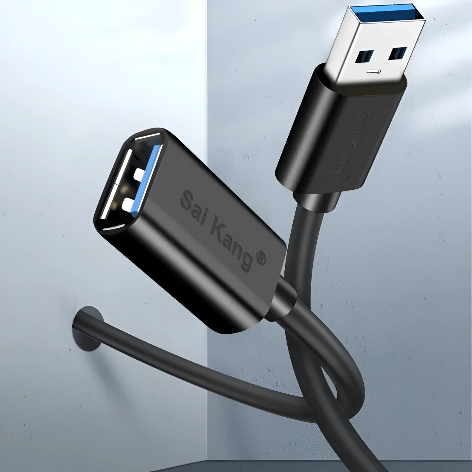 Black USB male to female extension cable showing connectors, available in multiple lengths