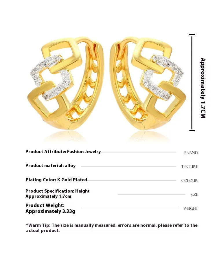 Geometric gold alloy earrings with hollow-out design and clip-on fittings