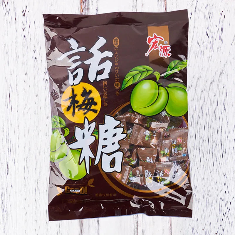 Three bags of hard candy: plum sugar, guava and tangerine peel flavours in 350g and 355g sizes