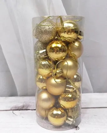 3 cm shiny matte finish Christmas tree bauble ornament in assorted colours including red, gold, and silver.