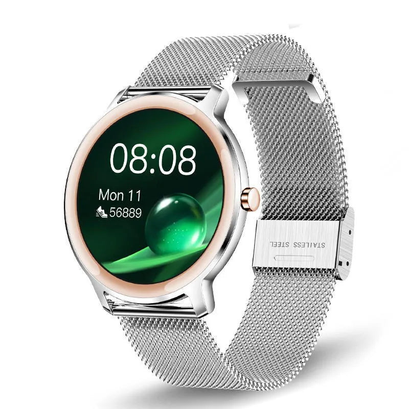 Women's stainless steel smart watch with 1.3 inch TFT screen and mesh belt in rose or silver