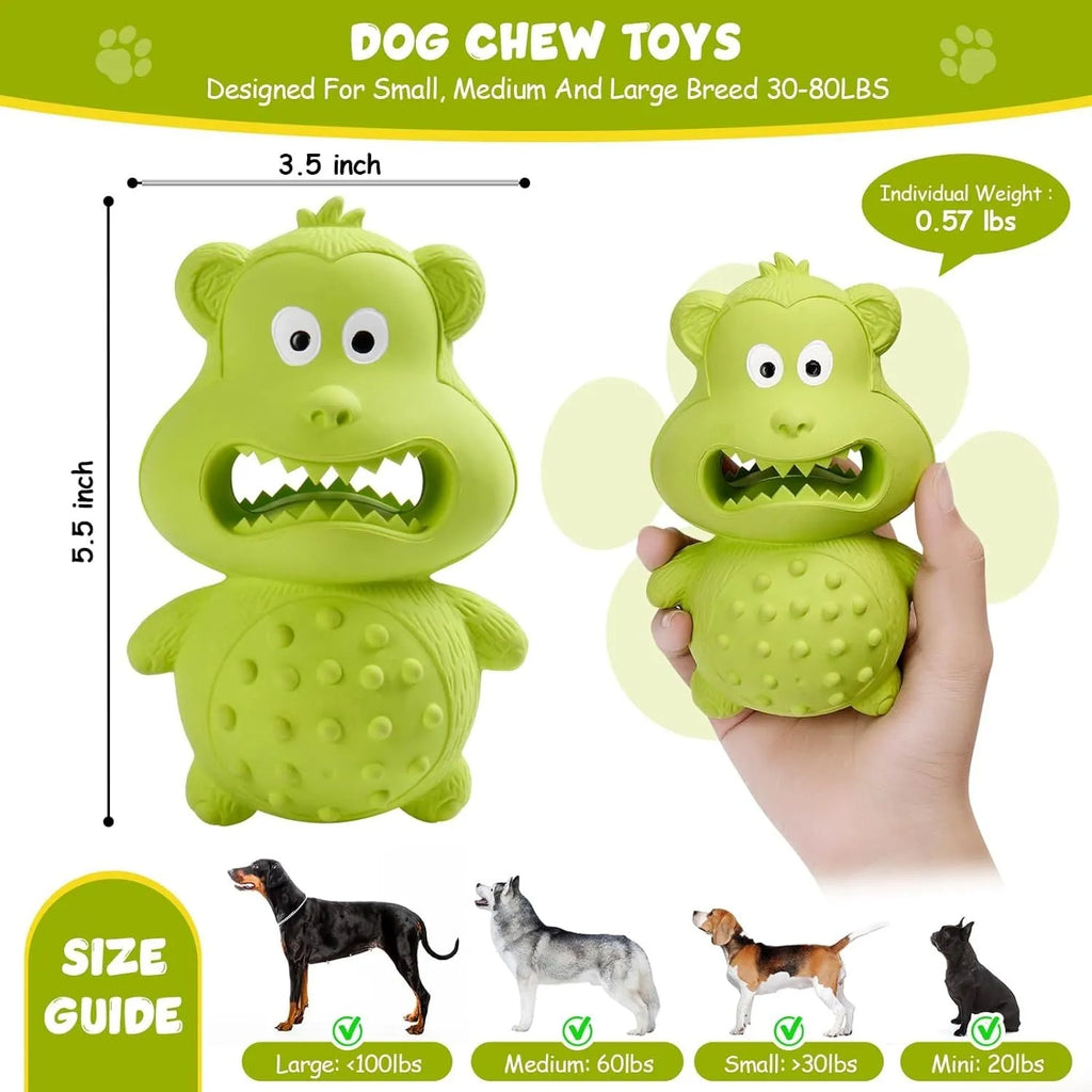 Green and yellow natural rubber squeaky dog chew toy for aggressive chewers.