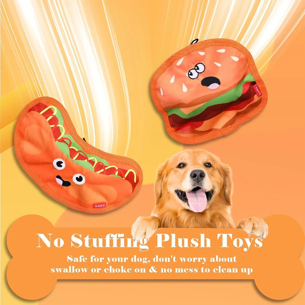Crinkle and squeaky dog toy in hamburger, fries, hot dog, and pizza shapes.