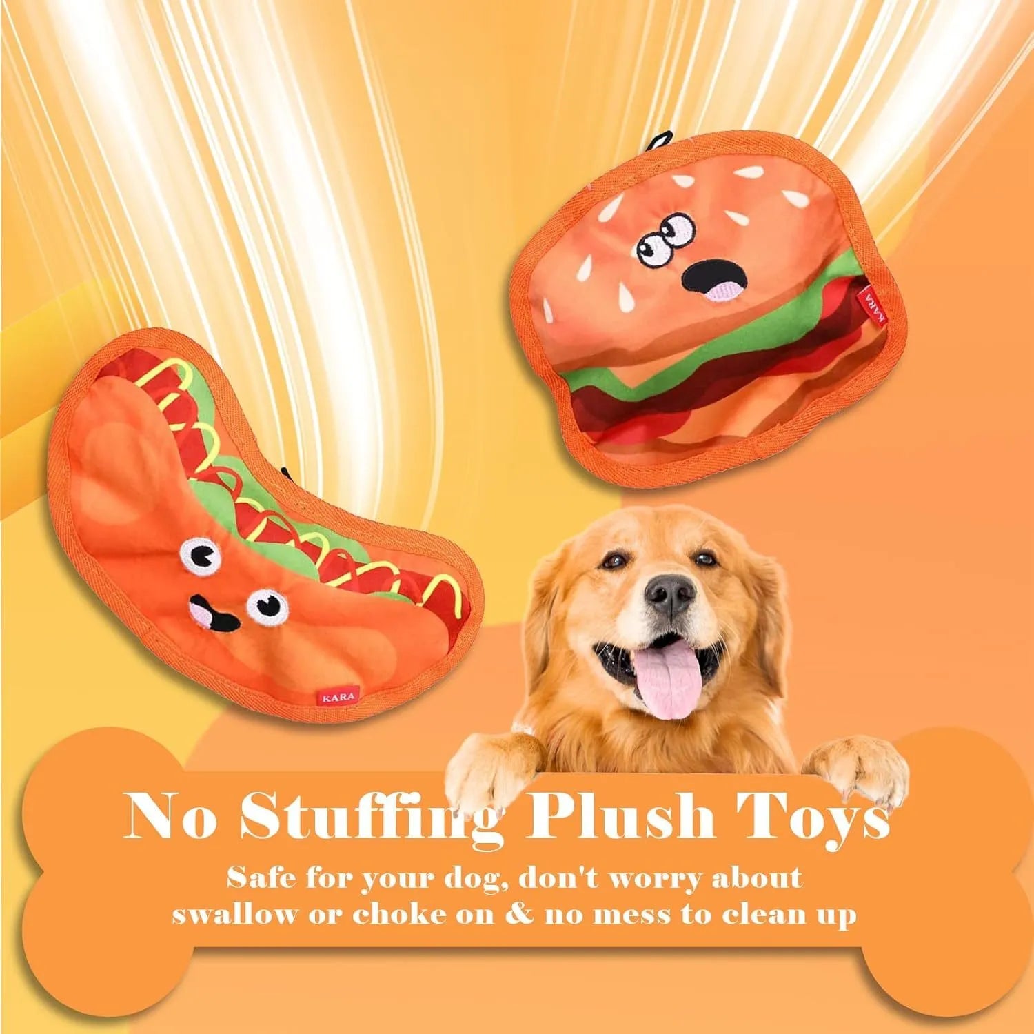 Crinkle and squeaky dog toy in hamburger, fries, hot dog, and pizza shapes.