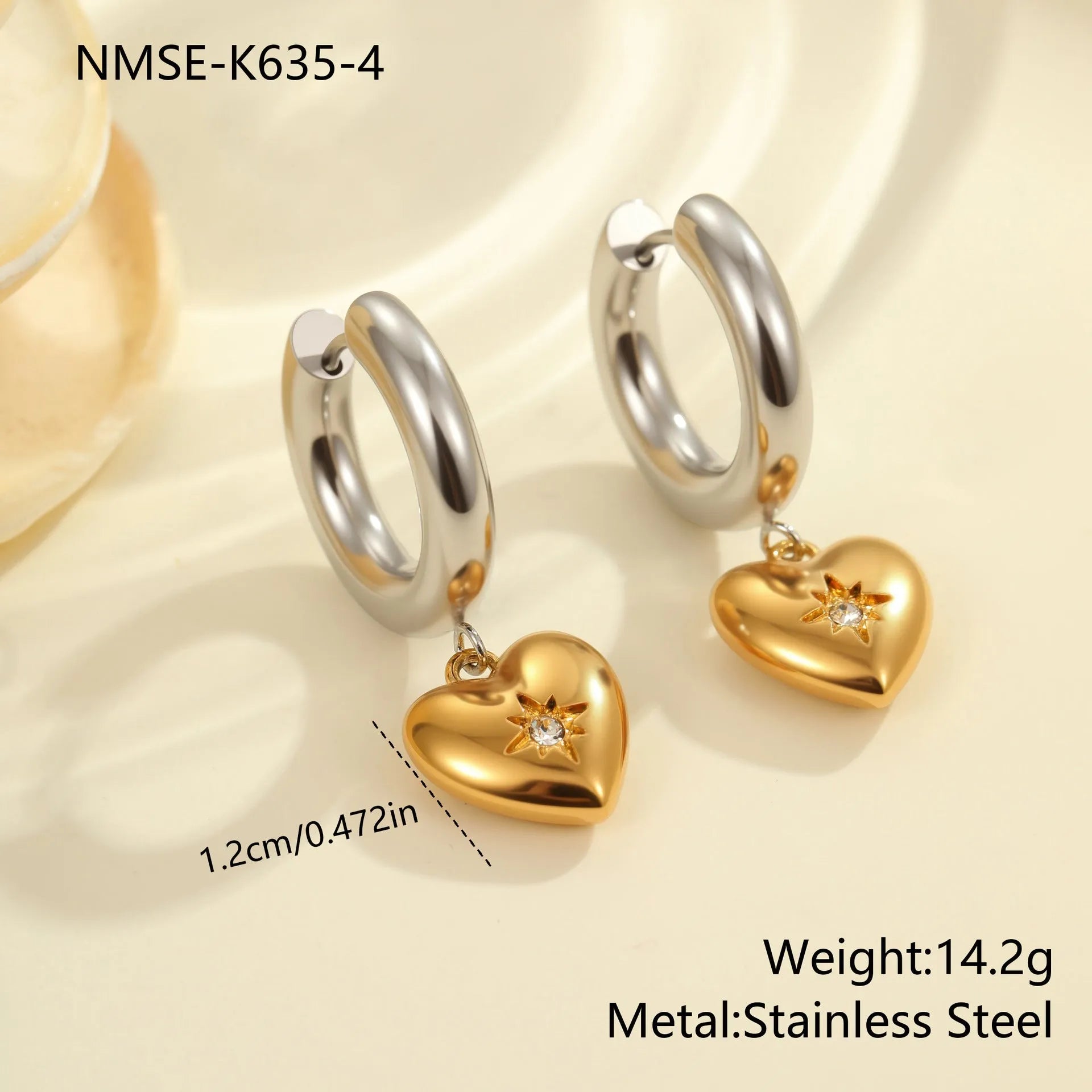 Gold Christmas tree earrings with heart and star shapes made from stainless steel with 18K plating