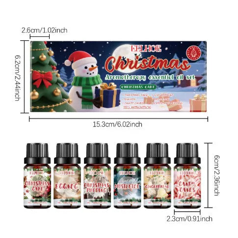 Christmas aromatherapy oil suite showing six 10ml bottles for home fragrance and air freshening