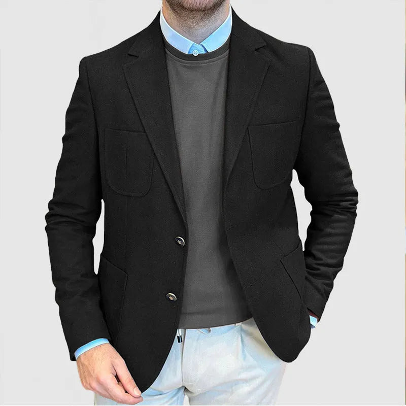Men's loose-fit cotton retro suit jacket in army green on a hanger