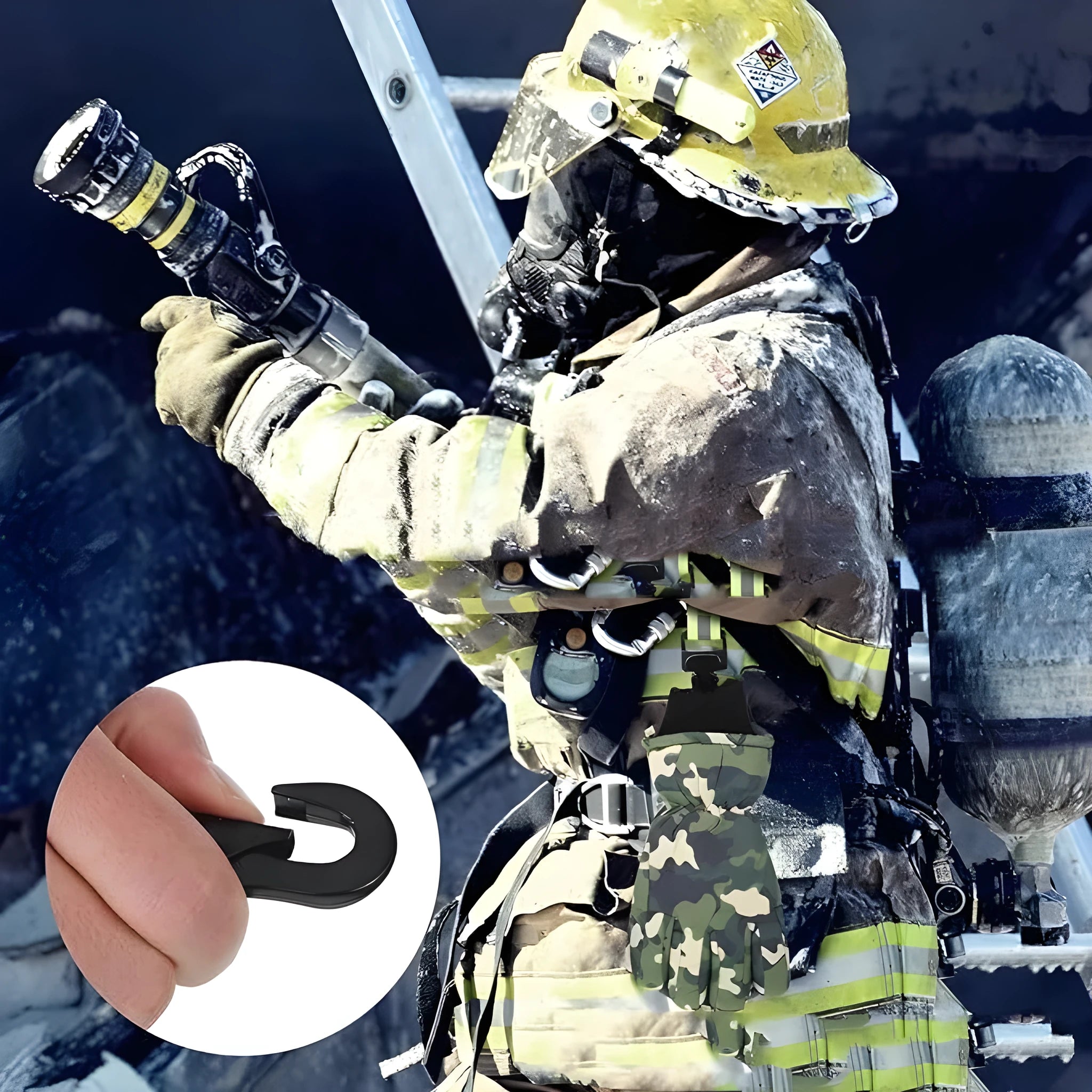 Fluorescent green metal safety clip with reflective tape for securing fireman gloves.