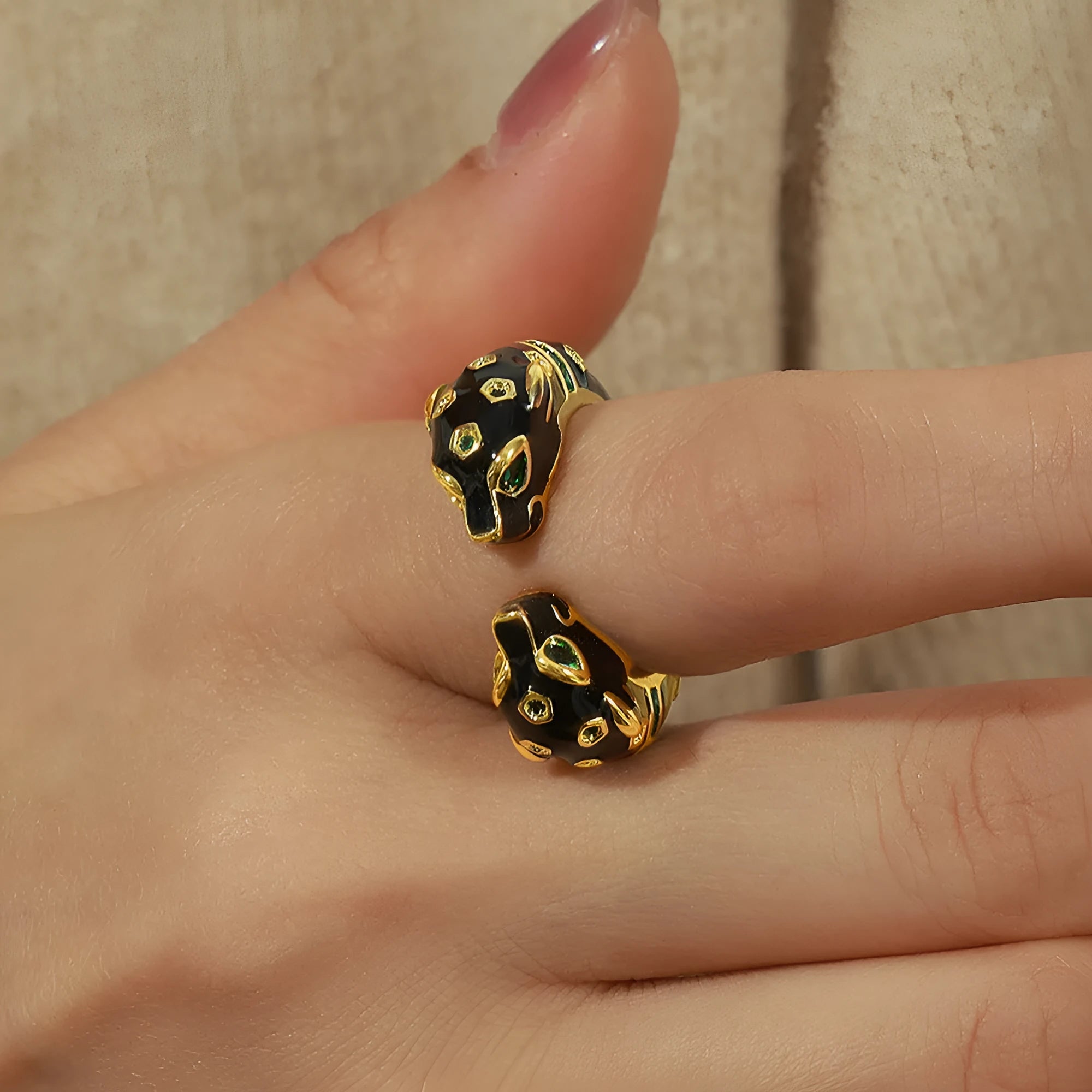 Black cheetah pattern geometric open ring for women in size 7 with copper electroplated construction