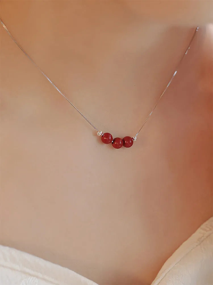 Cinnabar 925 sterling silver necklace for women with handcrafted pendant on adjustable clavicle chain