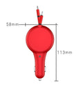 Black retractable car charger with extended Type-C and Lightning cables plugged into vehicle socket