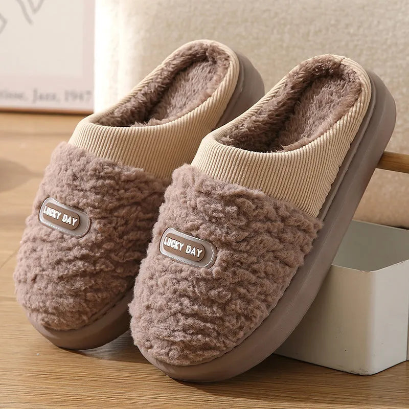 Men's brown rabbit hair winter slippers with thick EVA soles and artificial wool lining