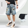 Blue ripped men's denim shorts with straight-leg cut and zipper fly closure