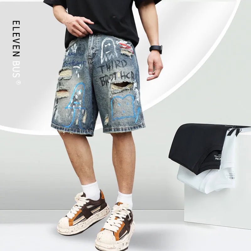 Blue ripped men's denim shorts with straight-leg cut and zipper fly closure