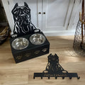 Personalised dog bowl holder with stainless steel bowl and iron dog head design showing custom name option