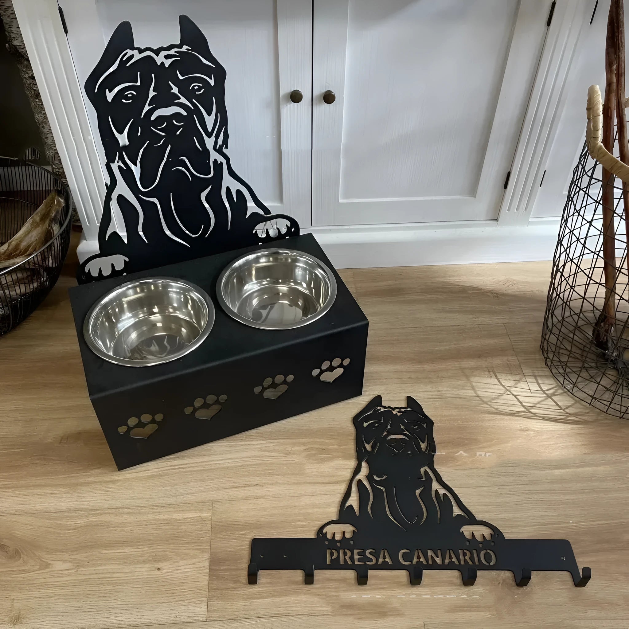 Personalised dog bowl holder with stainless steel bowl and iron dog head design showing custom name option