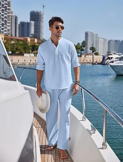 Men's casual cotton trousers suit set in solid colour with long sleeve top