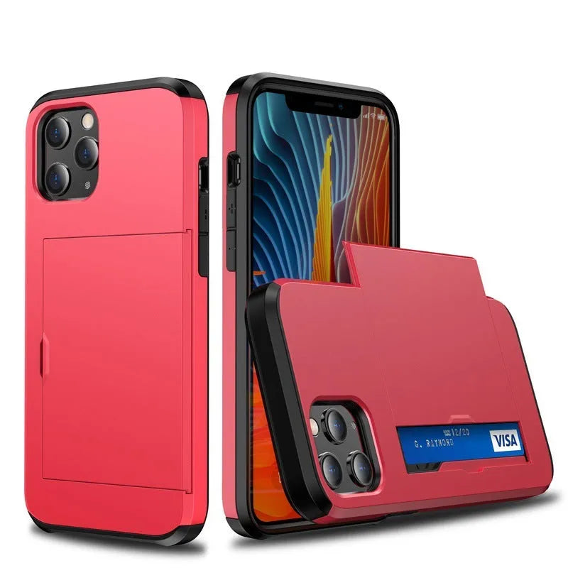 iPhone 13 mobile phone wallet case with sliding card cover in multiple colour options