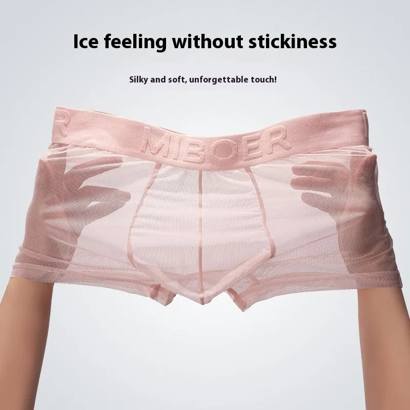 Men's thin invisible breathable boxer shorts in six colour options showing quick-dry polyester fabric construction