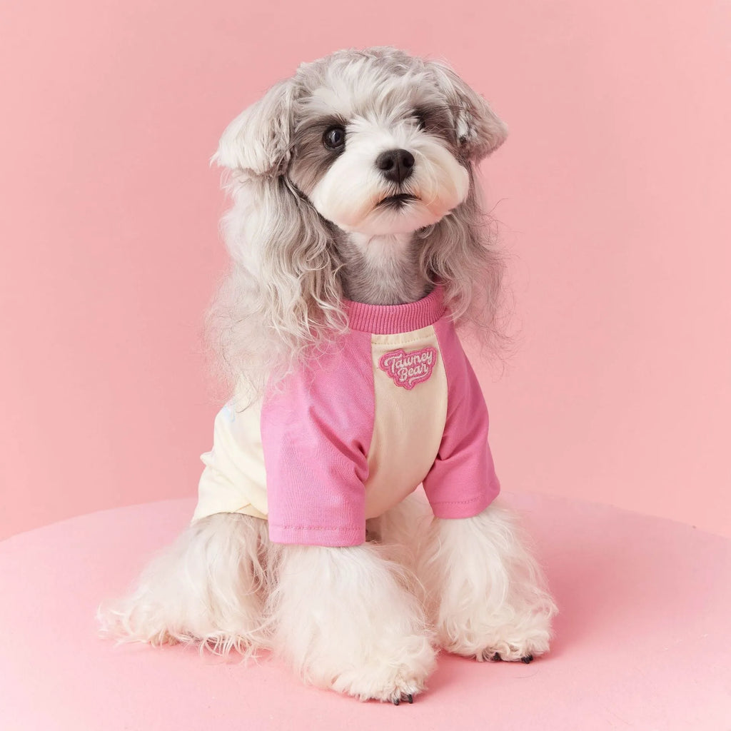 Cotton dog summer t-shirt with embroidered design in red or pink, sizes XS to XXL