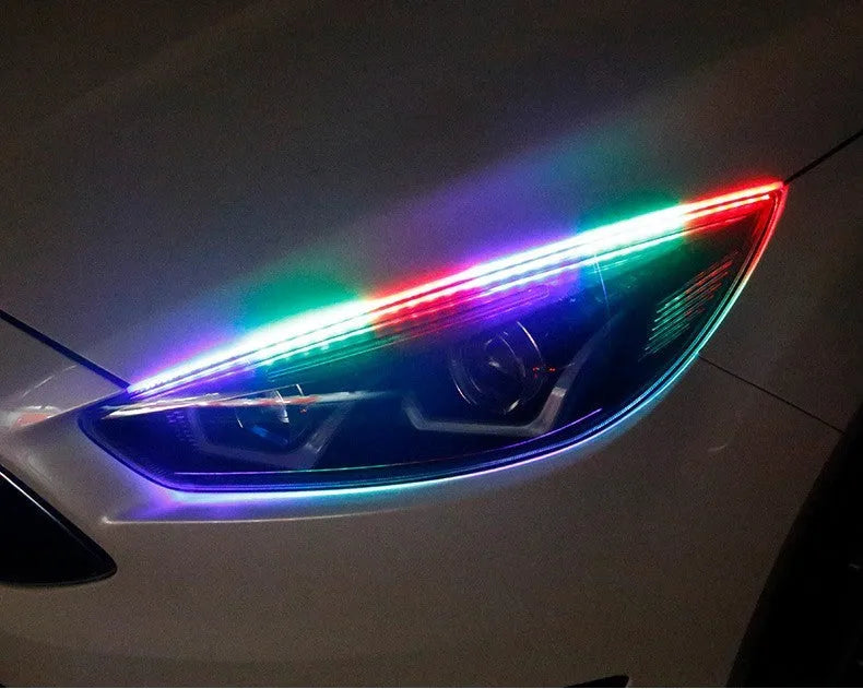 RGB colour-changing LED daytime running light strip with remote control for General Motors cars.