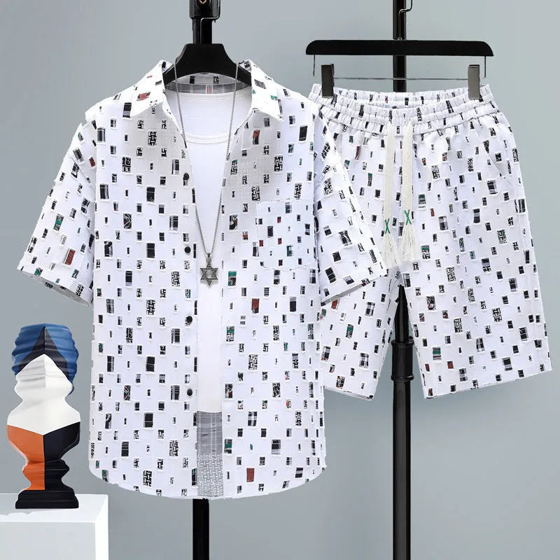 Men's casual two-piece shorts set in polyester, showing short-sleeve top and matching shorts.