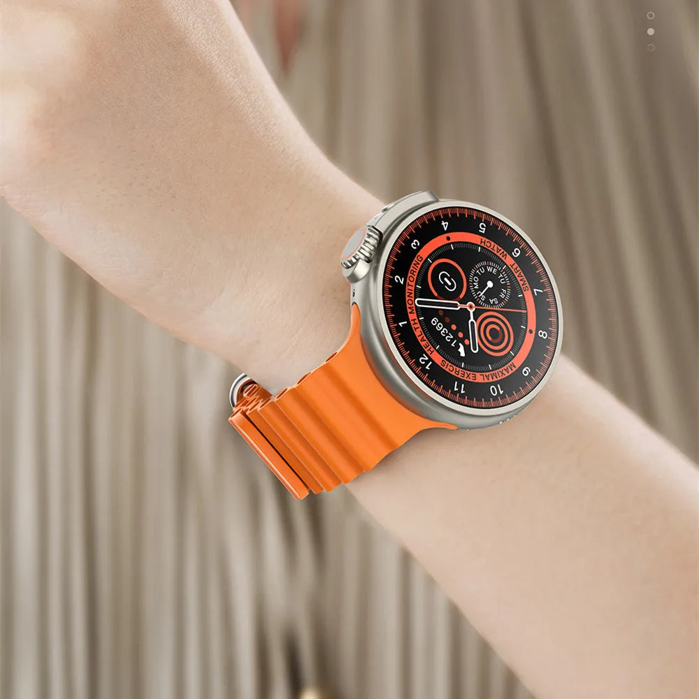 Black K9 smart watch with round screen on a silicone strap, showing a watch face with health metrics.