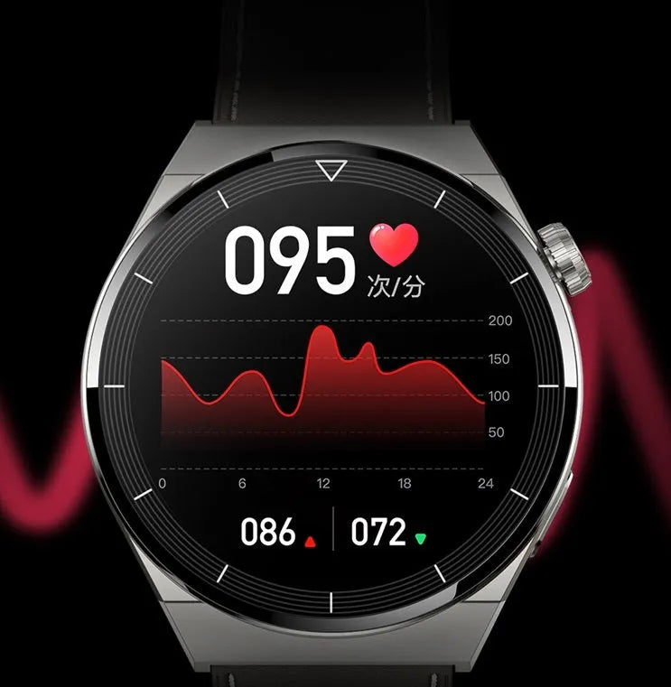 Black and silver Android smart watch with circular screen and silicone band for Bluetooth calls and NFC access.