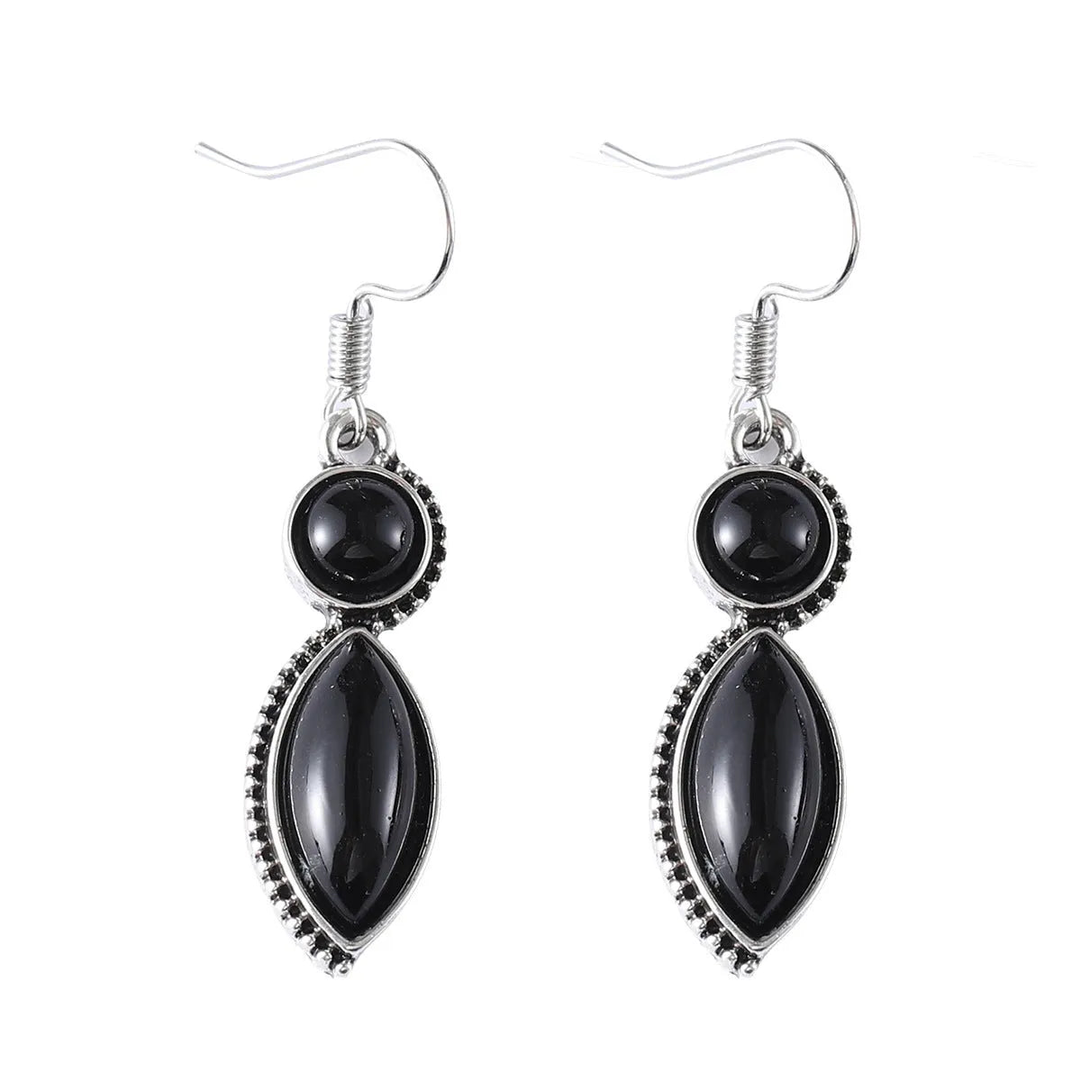 A pair of black and purple vintage geometric pendant earrings with bohemian style on a white background.