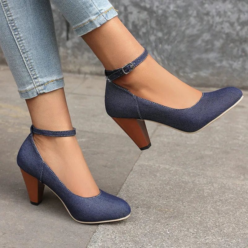 Blue denim women's platform heels with buckle closure and waterproof construction