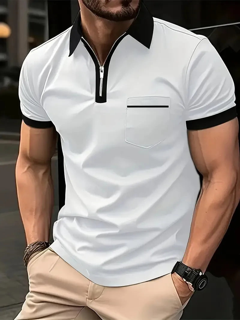 Men's loose fit casual short sleeve shirt with chest pocket and zipper decoration
