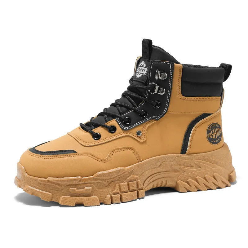 Men's black and yellow artificial PU Martin boots with a mid-height heel and injection moulded sole.