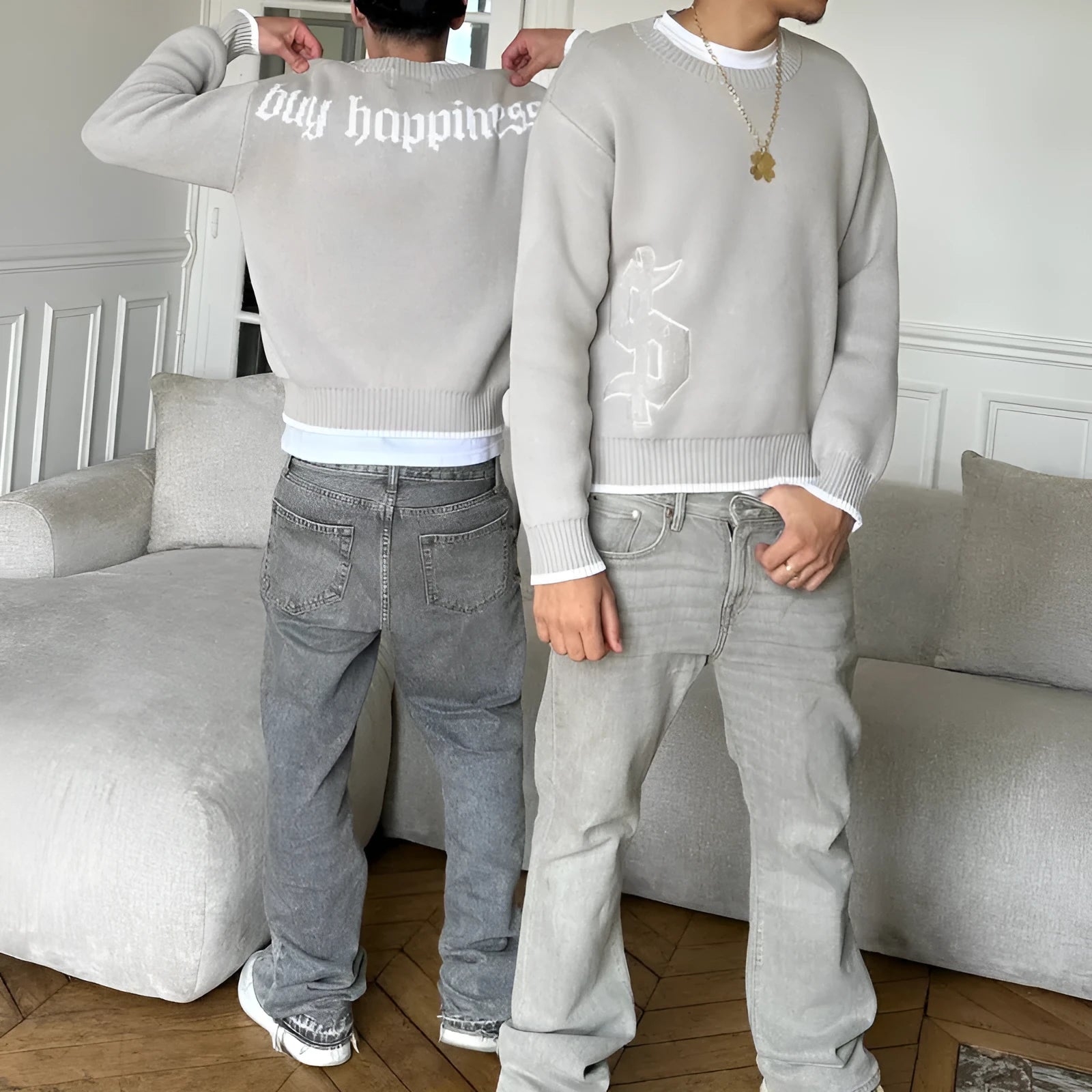 Grey jacquard knitwear coat with loose-fitting pullover style and long sleeves for autumn winter wear