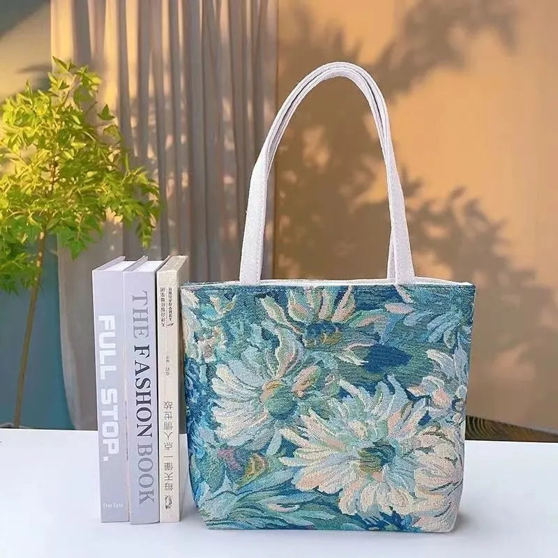 Double-sided gold wire embroidered canvas tote bag in small, medium, and large sizes with floral patterns.