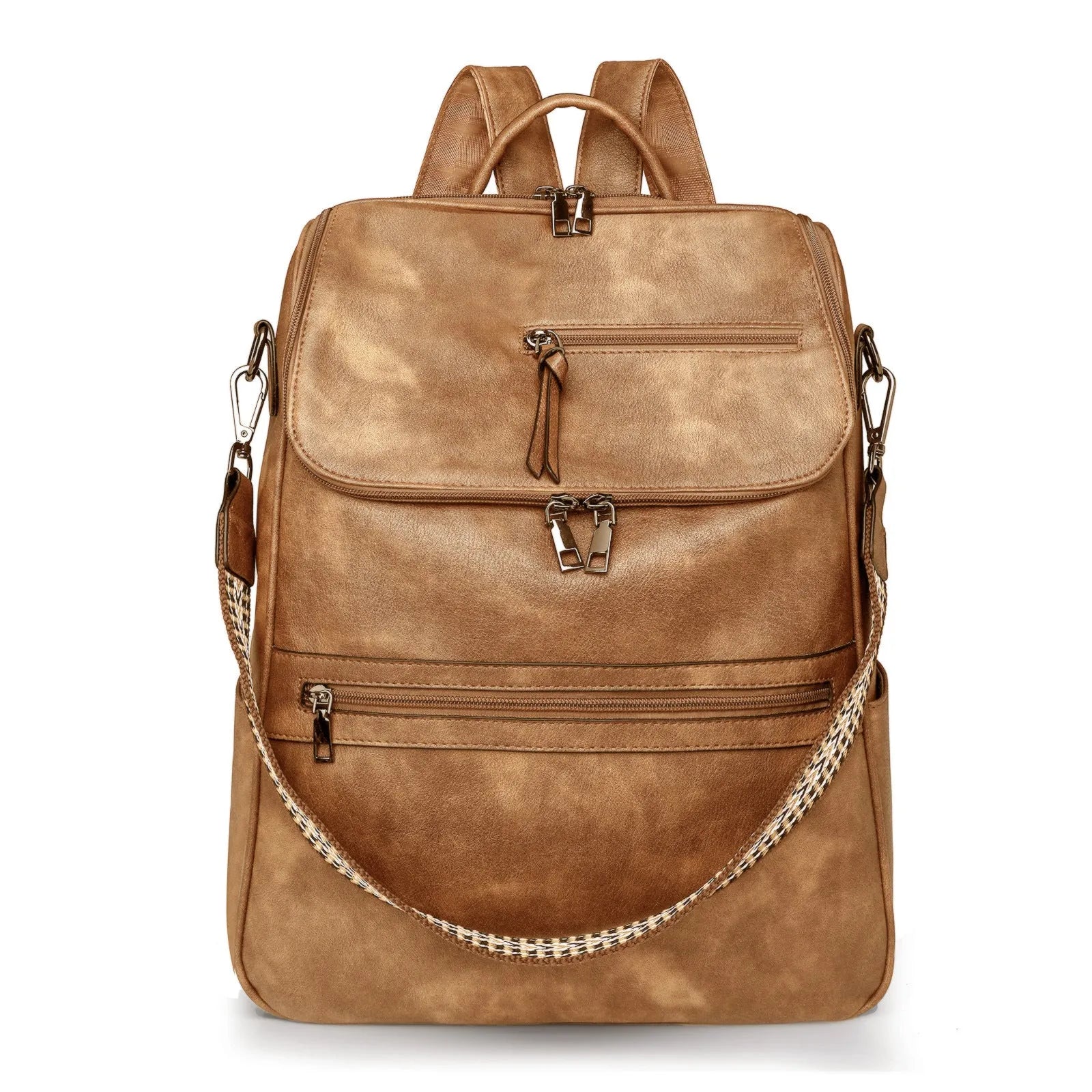 Retro college backpack in black PU leather with curved shoulder straps and stitching details