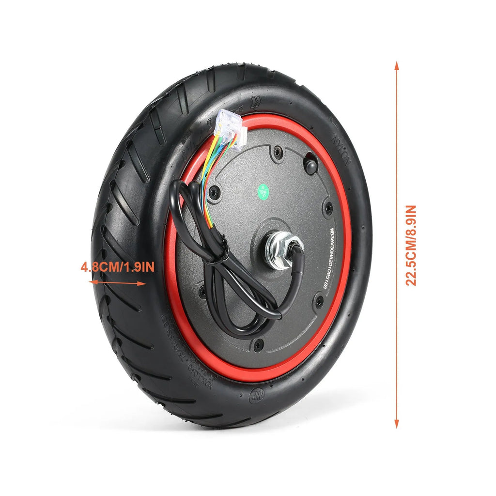 8.5-inch electric scooter replacement motor with black pneumatic tyre fitted, Pro 350W style.